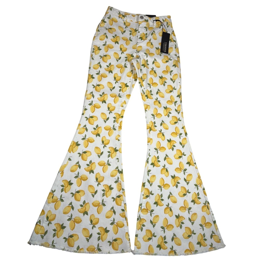 Versona Modern Lemon Print Flare Leg Jeans White Yellow Fruitcore Size 0 NEW 70s